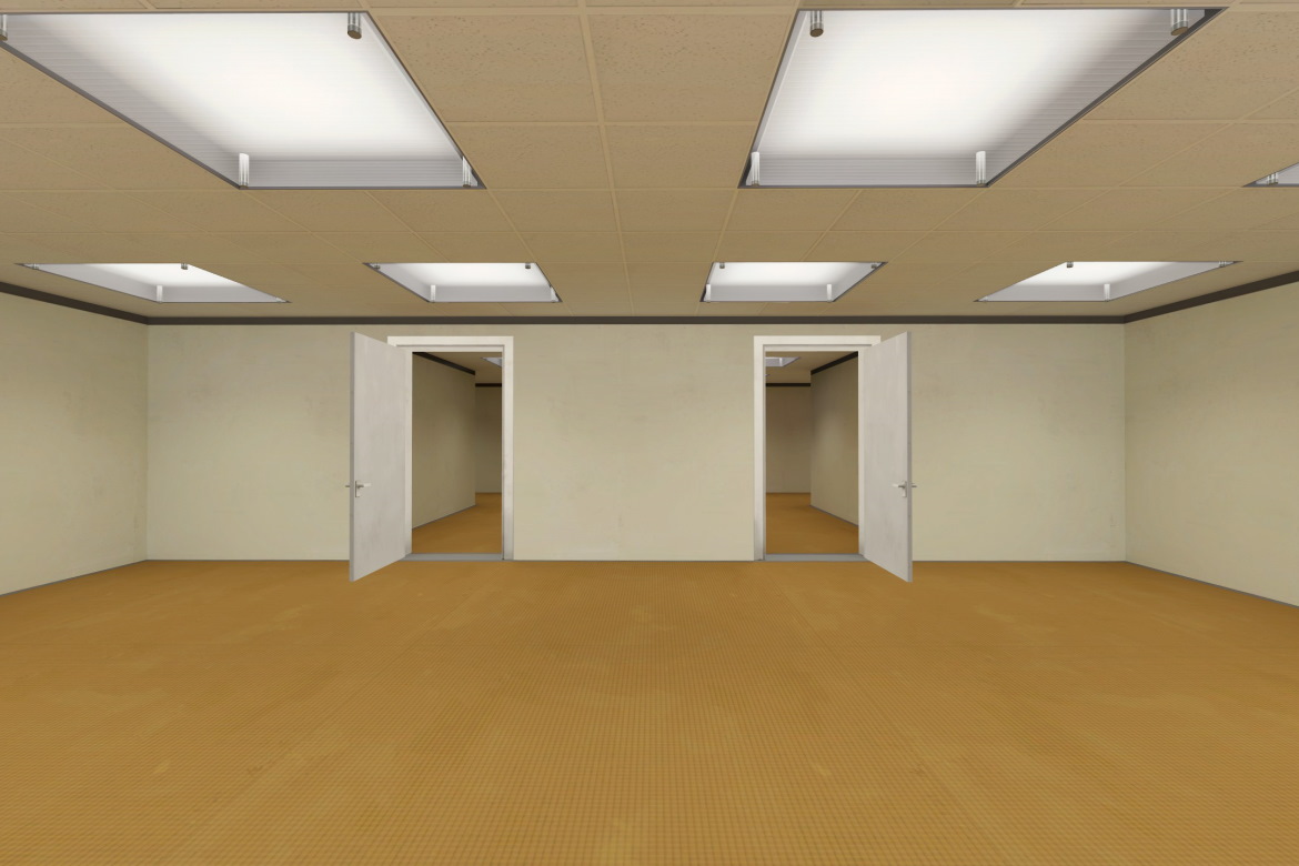 Bild som visar ett tomt rum med två öppna dörrar